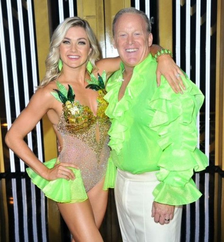 Sean Spicer (R), with professional dance partner Lindsay Arnold in the "Dancing With the Stars" ballroom