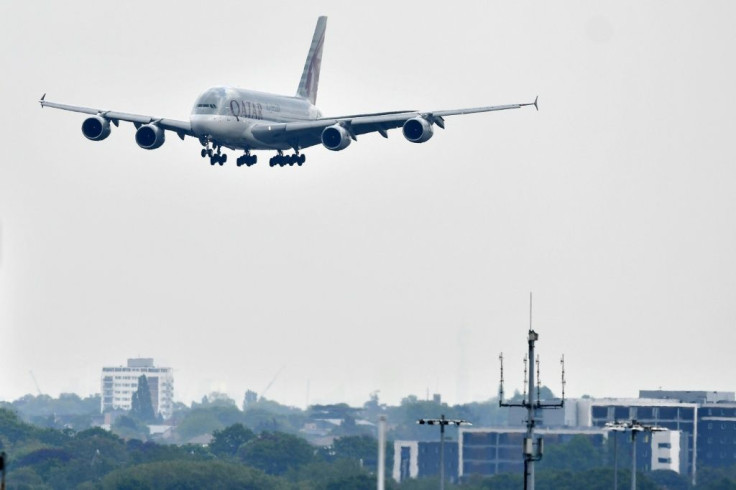 A Qatar Airways A380-800 aircraft prepares to land at London Heathrow Airport