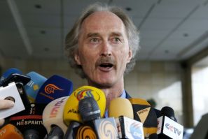 United Nations special envoy to Syria Geir Pedersen speaks to journalists upon his arrival in the Syrian capital Damascus on September 22, 2019. Pedersen is set to meet with Syria's Foreign Minister Walid Muallem tomorrow for fresh talks on forming a comm