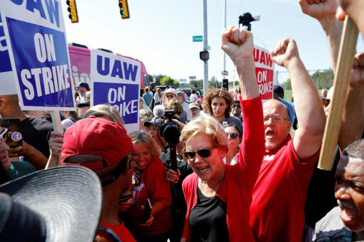 Democratic presidential hopeful Senator Elizabeth Warren showed her support for the UAW strikers outside GM's Detroit-Hamtramck plant