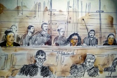 A court sketch made on September 23, 2019, in a Paris courthouse shows, from left to right, Ines Madani, Ornella Gilligmann and Sarah Hervouet, arrested after a failed attempt to set off a car bomb at Notre-Dame Cathedral in Paris in September 2016.
