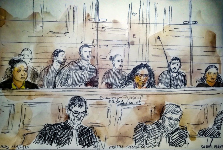 A court sketch made on September 23, 2019, in a Paris courthouse shows, from left to right, Ines Madani, Ornella Gilligmann and Sarah Hervouet, arrested after a failed attempt to set off a car bomb at Notre-Dame Cathedral in Paris in September 2016.