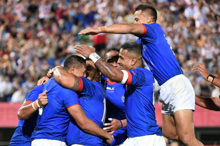 Samoa wing Ed Fidow (L) scored two tries against Russia
