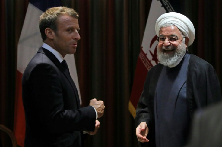 French President Emmanuel Macron speaks with Iranian President Hassan Rouhani at the UN General Assembly