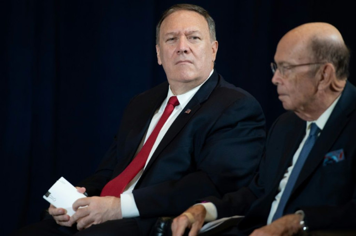 US Secretary of State Mike Pompeo (L), pictured here with Secretary of Commerce Wilbur Ross (R) on the sidelines of the UN General Assembly in New York, warns against doing business with Iran's Revolutionary Guard Corps