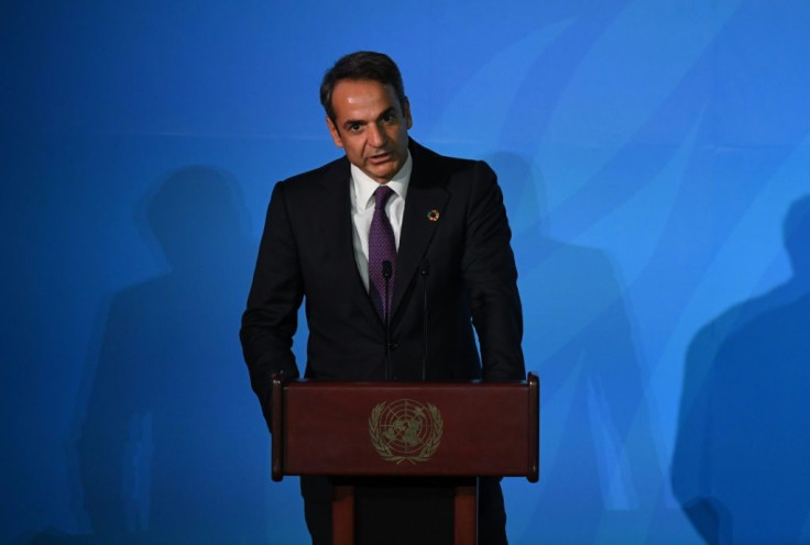 Greek Prime Minister Kyriakos Mitsotakis speaks during a climate summit at the United Nations