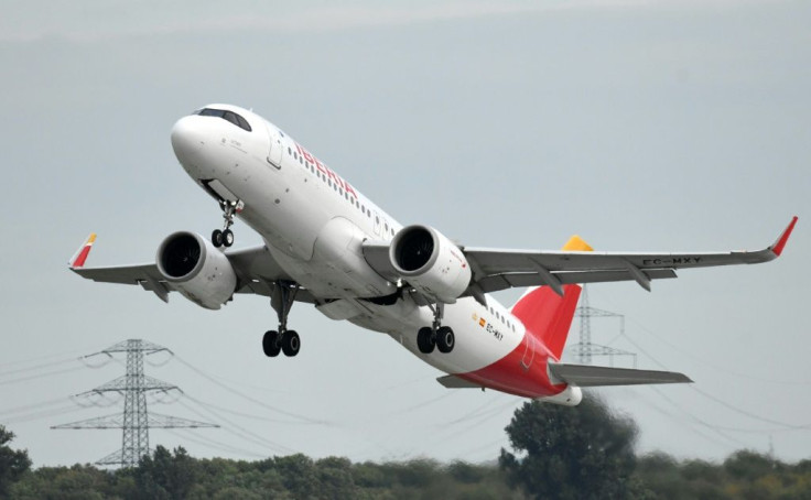 This picture shows an Airbus A-320 of the Iberia airline during take-off on September 24, 2019 at the airport in Duesseldorf, western Germany.