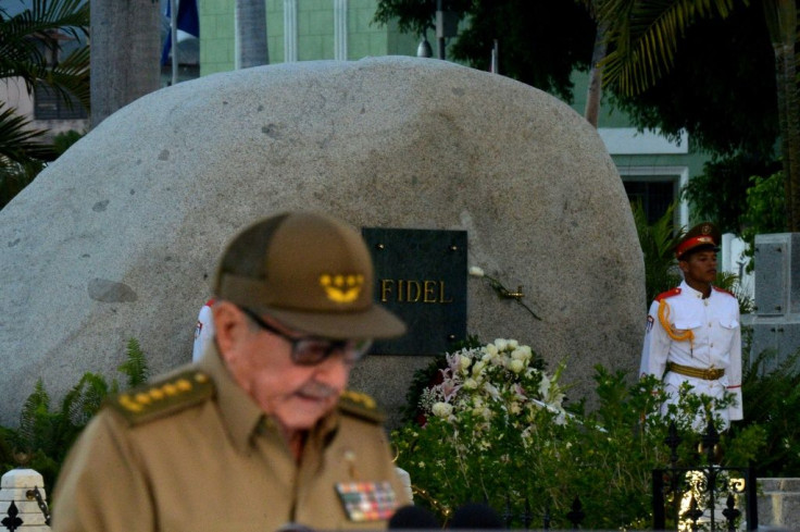 Former Cuban president Raul Castro gives a speech in front of his revolutionary brother Fidel Castro's tomb in January 2019