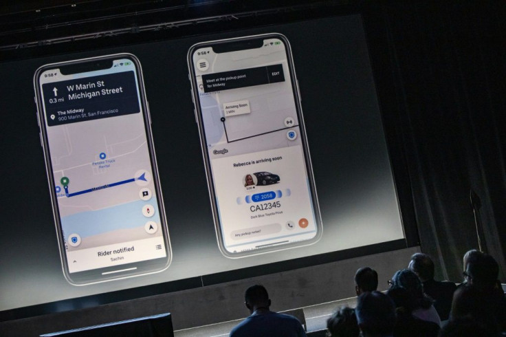 A new Uber safety feature is displayed at a San Francisco product launch event by the ride-hailing giant