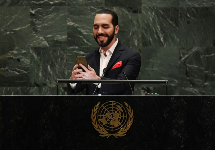 El Salvador's President Nayib Bukele takes a selfie from the UN rostrum