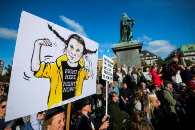 An activist holds up placard depicting the 16-year-old Swedish climate activist Greta Thunberg during "Fridays for future" demonstration in Stockholm, Sweden, part of a global climate protest against government inaction