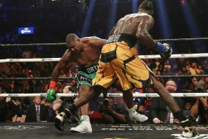Unbeaten World Boxing Council heavyweight champion Deontay Wilder, at right knocking down Luis Ortiz in a 2018 victory, will face the Cuban again in November at Las Vegas in a title rematch, promoters announced Saturday