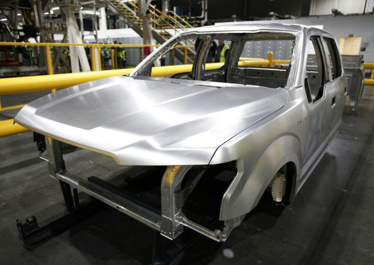 The aluminum body of a new 2015 Ford F-150 truck sits at the Ford Dearborn Truck Plant in Michigan