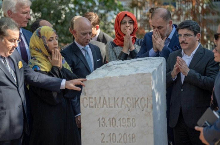 Khashoggi's fiancee Hatice Cengiz (centre) was joined by Bezos and Yemeni Nobel Prize winner Tawakkol Karman (to her left) for the ceremony
