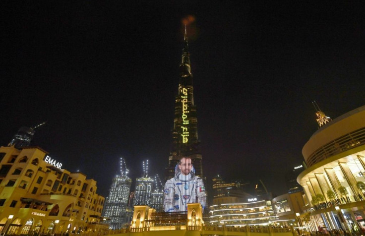 The UAE's Burj Khalifa, the world's tallest skyscraper, was lit up with an image of Hazzaa al-Mansoori before he began his ISS mission