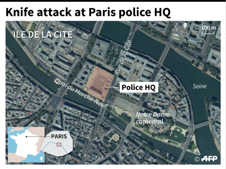 Map locating knife attack at police HQ in central Paris.