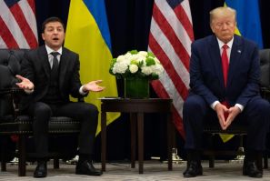 Ukrainian President Volodymyr Zelensky (L) was allegedly pressured by President Donald Trump's emissaries to investigate political rival Joe Biden