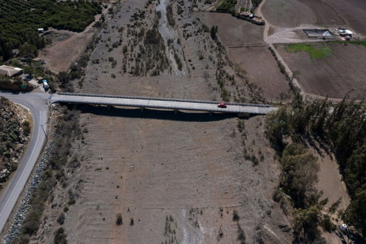Aerial view of the dried-out bed of the La Ligua river in Petorca province