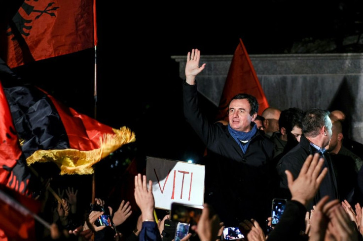 Vetevendosje Party leader Albin Kurti celebrates election victory with thousands of supporters in Pristina's central square