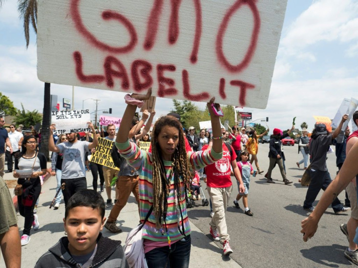 Activists demonstrating against genetically modified food products in 2015 in Los Angeles, California: now Canada is pioneering the sale of GMO salmon which would grow faster than non-altered fish