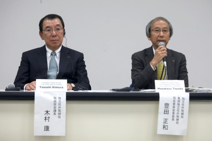 Nissan Motorâs chairman Yasushi Kimura (left) and the chairman of the nomination committee, Masakazu Toyoda at a press conference where they named Makoto Uchida as the firm's new chief executive