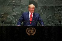 US President Donald Trump is seen here addressing the UN General Assembly in September 2019 -- the United States is one of the dozens of countries behind on their UN dues
