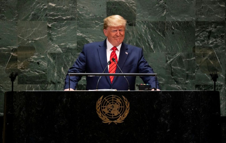 US President Donald Trump is seen here addressing the UN General Assembly in September 2019 -- the United States is one of the dozens of countries behind on their UN dues