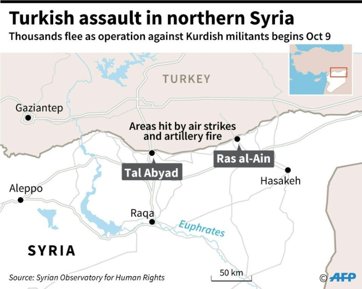 Map locating Ras al-Ain and Tal Abyad in northern Syria, which was hit by air strikes and artillery fire in the Turkish offensive against Kurdish militants on Oct 9.