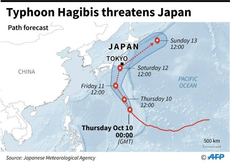 Map showing forecast path of typhoon Hagibis which is approaching Japan and threatens to disrupt the Rugby World Cup and the Japanese Grand Prix.