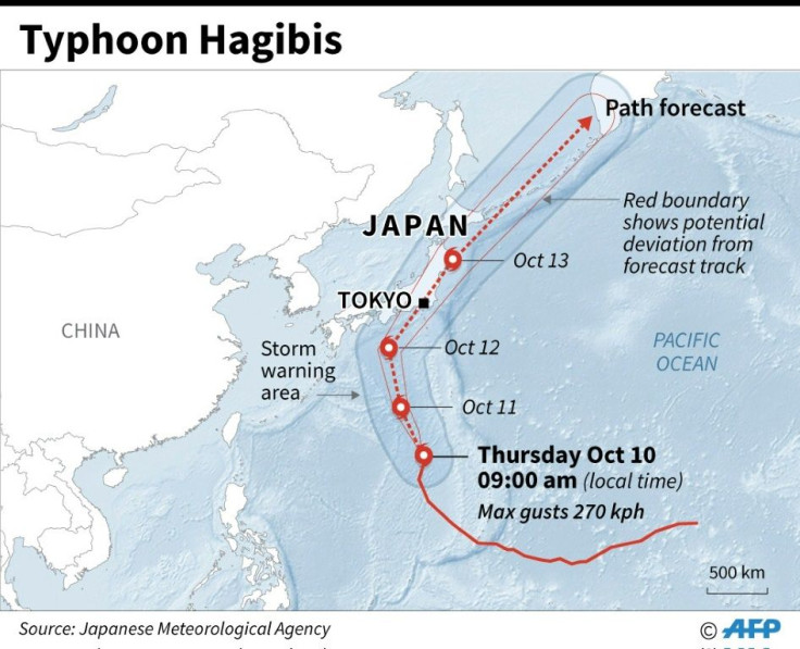 Map showing forecast path of typhoon Hagibis which is approaching Japan and threatens to disrupt the Rugby World Cup.