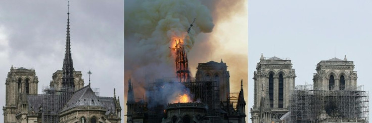 A view of Notre-Dame cathedral's steeple and spire before, during and after the blaze