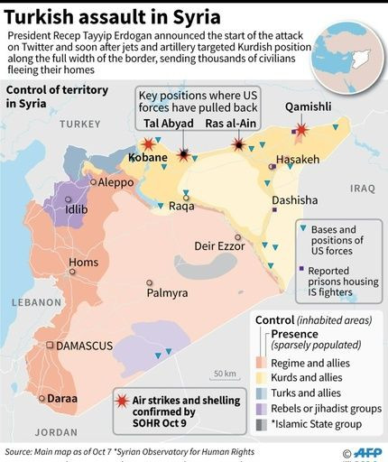 Map showing confirmed air strikes and shelling in Syria after Turkey announced an assault, plus territorial control of the country.