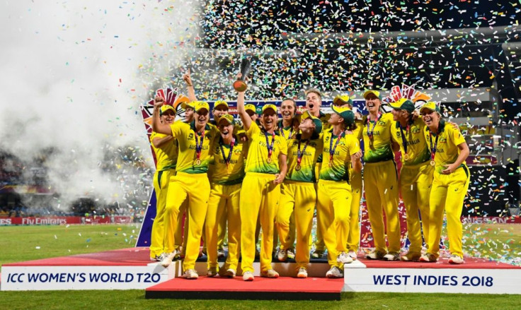 The Australian team celebrates winning the International Cricket Council Women's World T20 tournament in Antigua and Barbuda in November 2018