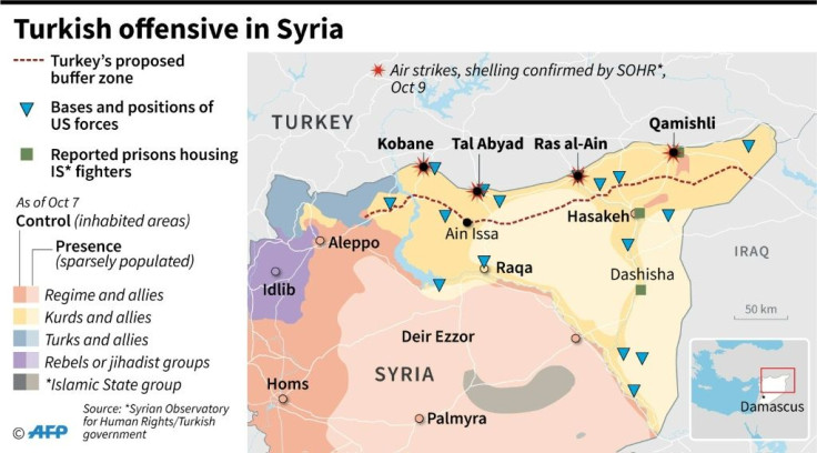 Control of territory in Syria and areas hit by air strikes and shelling as Turkish offensive started against Kurdish militants on October 9