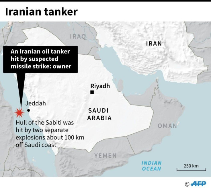 Map locating the site of an Iranian oil tanker, reportedly hit by missiles Friday according to the owners.