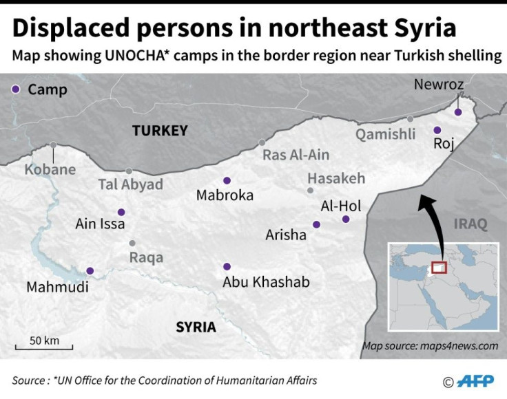 Map showing displaced persons camps in northern Syria near the area of Turkish military operations.