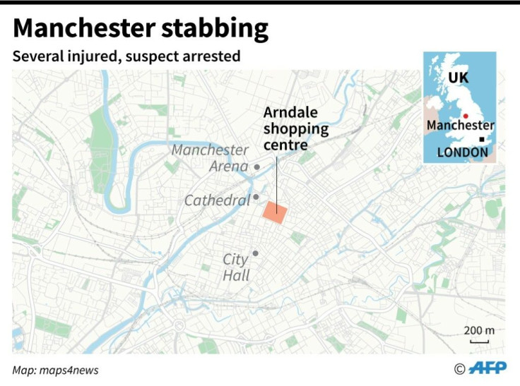 Close-up map of Manchester locating the shopping centre Arndale where five people were stabbed Friday