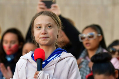 Swedish environment activist Greta Thunberg speaks during a "FridaysForFuture" climate protest at Civic Center Park in Denver, Colorado, on October 11, 2019