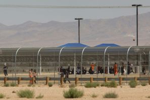 Imprisoned immigrants are seen at the US Immigration and Customs Enforcement (ICE) Adelanto Detention Facility