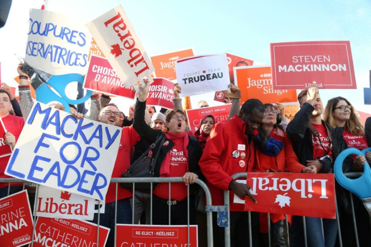 People rally outside The Leaders Debate at the Canadian Museum of History in Gatineau, Quebec on October 10, 2019