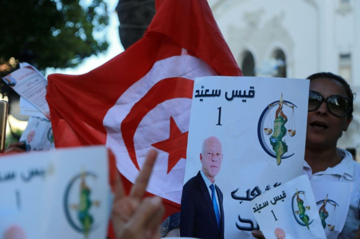 Supporters of Tunisian presidential candidate Kais Saied rally in the capital on October 11
