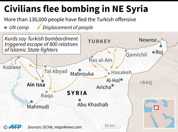 Map of northeastern Syria showing movements of people fleeing Turkish offensive and UN camps for displaced people. Situation as of Oct 12