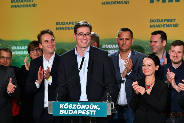 Budapest's mayor candidate of the centre left opposition party Gergely Karacsony celebrates his shock victory in the local election