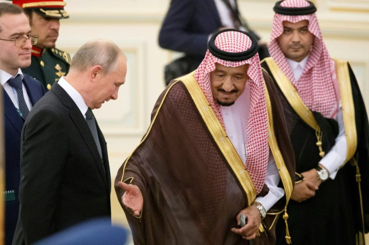Saudi King Salman greets Russia's visiting President Putin