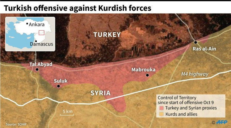 Satellite map showing areas under control by Turkey and Syria proxies in an offensive against the Kurds in northeastern Syria since October 9.