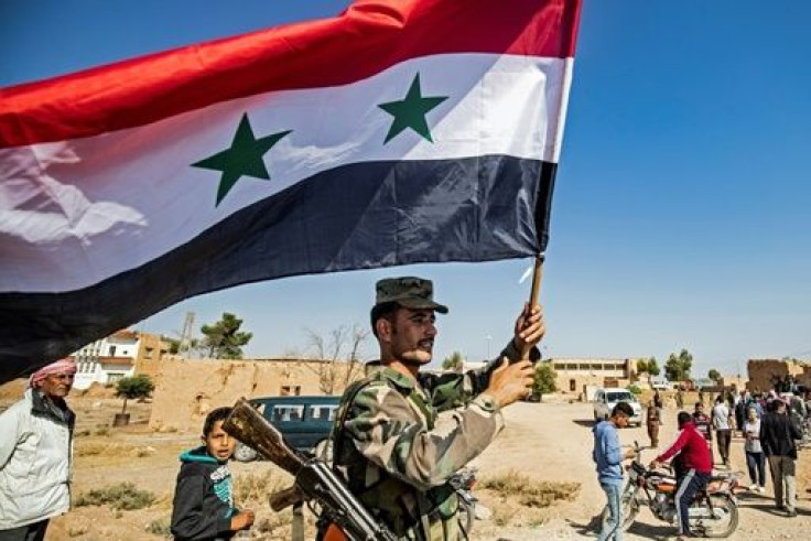 A Syrian regime soldier waves the national flag at the edge of the town of Tal Tamr