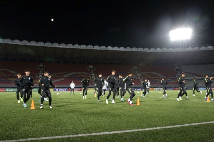 South Korea are seen here training a day before their landmark match against North Korea in Pyongyang, which has been almost completely blocked off from the outside world