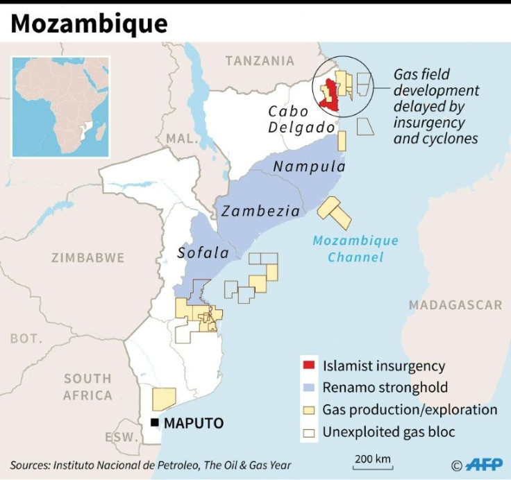 Map of Mozambique showing areas affected by Islamist insurgency, Renamo opposition bastions and gas blocs.