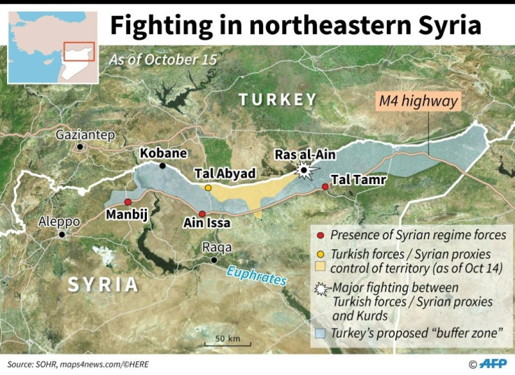Map locating control of territory in northeastern Syria after Turkey launched an offensive against Kurdish forces, includes Ankara's planned "buffer zone" and towns with presence of Syrian regime forces.