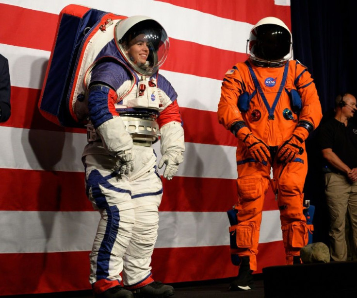 Prototypes of the Orion Crew Survival Suit (R), which will be worn on the way to the Moon, and the Exploration Extravehicular Mobility Unit (xEMU) to be worn on the surface